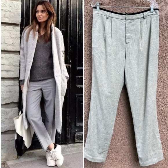 Marissa Webb Womens Wool‎ Pants 10 Grey Flannel Pleated Trousers Light Academia - Picture 1 of 17